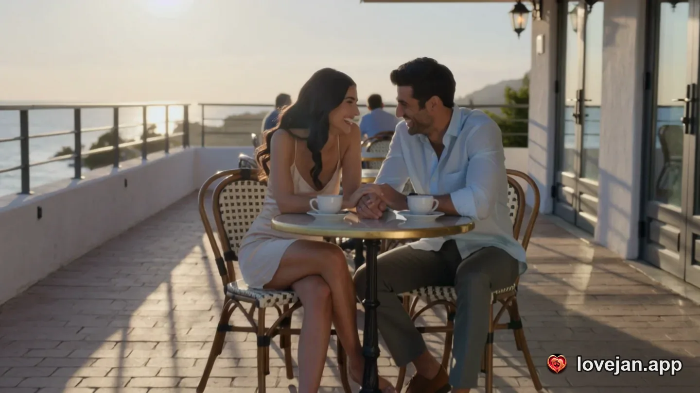 A Persian couple holding hands at a seaside café at golden hour