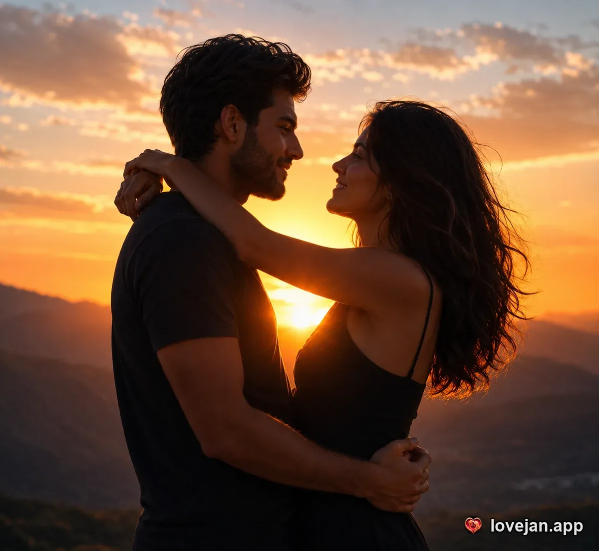 A Persian couple embracing at golden sunset