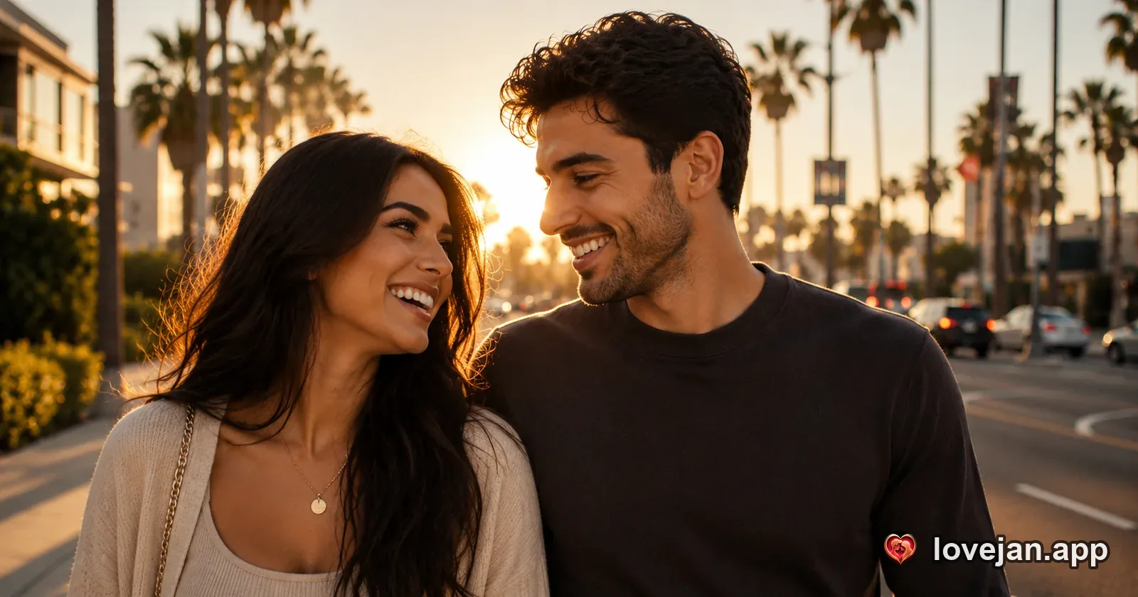 A happy Persian couple at golden hour on a palm-lined Los Angeles street