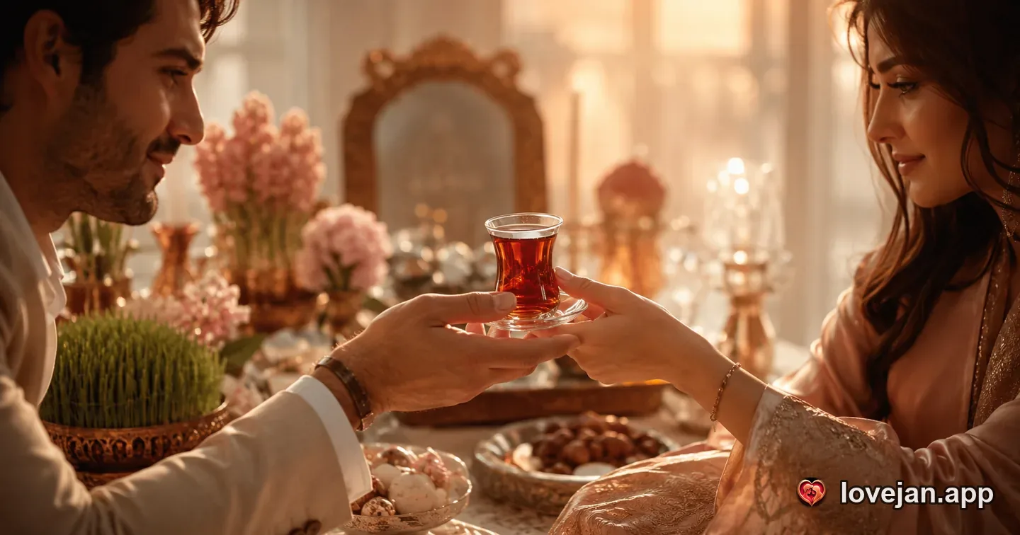 A Persian couple sharing tea at a Nowruz haft-sin table set with sabzeh, hyacinths, and sweets