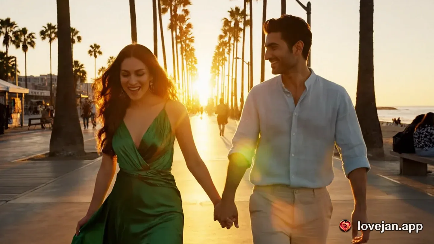 A couple walking side by side outdoors, smiling together